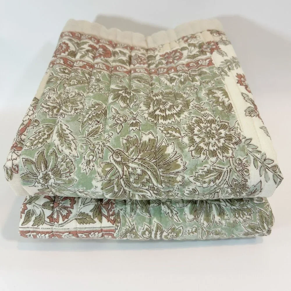 Peri Home King Quilted 100% Cotton Pillow Shams Green Cream Paisley Patchwork